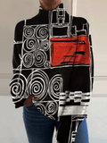 Abstract Circle Color Block Art Print Knit Turtleneck Pullover Sweater